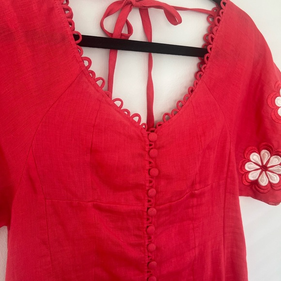 Innika Choo Madonna Phulnan Embroidered 100% Linen Floral Red Tea Dress - Picture 4 of 9